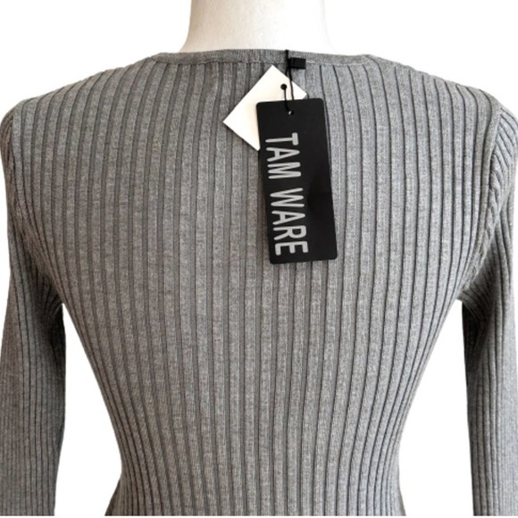 Tam Ware Dress Gray Ribbed Knit V Neck Long Sleeve Sweater Bodycon Dress Small - Picture 6 of 12